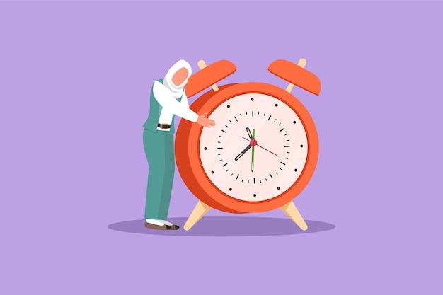 Dibujo de estilo de dibujos animados plana empresaria árabe gerente o empleado de pie y abrazando un gran reloj concepto de gestión del tiempo reloj tiempo para trabajar proyecto de amor a tiempo ilustración de vector de diseño gráfico