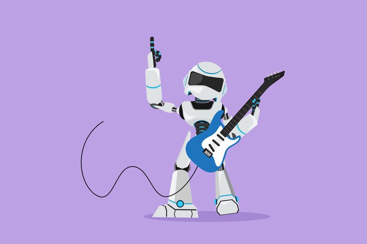Vector dibujo de estilo de dibujos animados planos guitarrista robot moderno tocar guitarra eléctrica en el escenario organismo cibernético robot humanoide desarrollo de personajes de robot futuro ilustración de vector de diseño gráfico