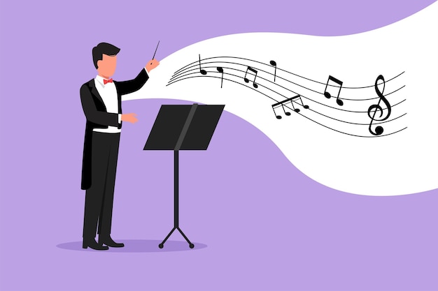 Dibujo de estilo de dibujos animados planos de negocios conductor de música de hombre Músico actuar en el escenario dirigiendo orquesta sinfónica Conjunto instrumental de interpretación de música clásica Ilustración de vector de diseño gráfico