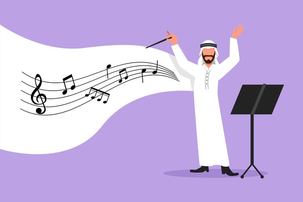 Dibujo de estilo de dibujos animados planos de negocios Conductor de orquesta de música de hombre árabe Músico masculino con gestos de brazo Conductor expresivo dirige orquesta durante la actuación Ilustración de vector de diseño gráfico