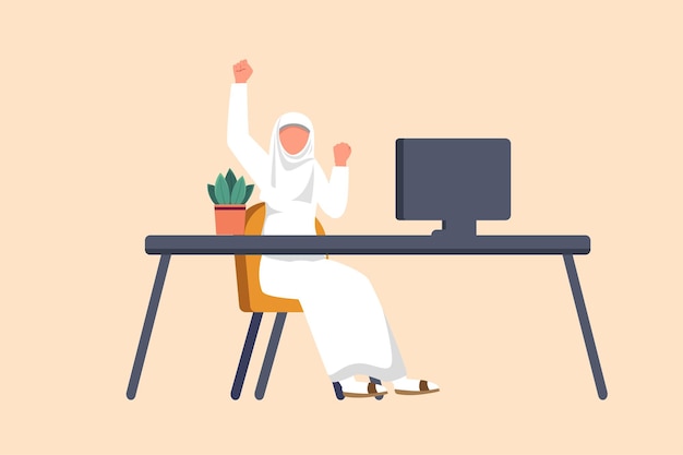Dibujo de estilo de dibujos animados planos de negocios feliz mujer de negocios árabe sentada cerca del lugar de trabajo con una mano levantada con la otra trabajadora celebra el éxito del logro empresarial vector de diseño gráfico