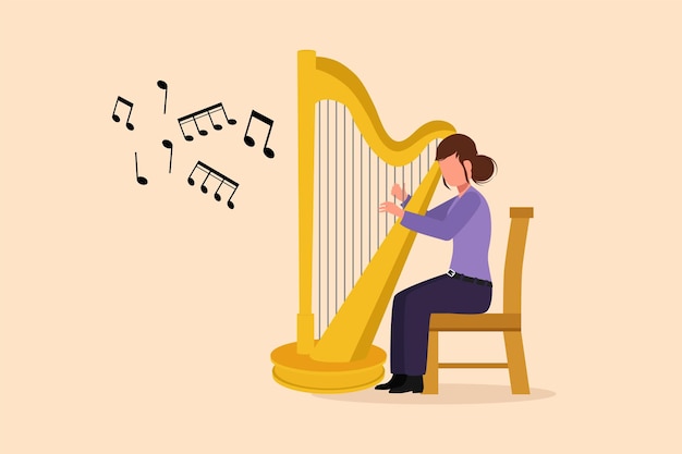 Dibujo de estilo de dibujos animados planos de negocios mujer músico tocando arpa Personaje de intérprete de música clásica con instrumento musical Mujer sentada tocando arpa Ilustración de vector de diseño de personajes gráficos