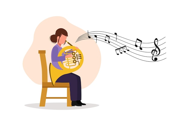 Dibujo de estilo de dibujos animados planos de negocios músico femenino interpretando melodía clásica en cuerno francés Instrumentista tocando música en instrumento de latón Mujer con trompeta Ilustración de vector de diseño gráfico