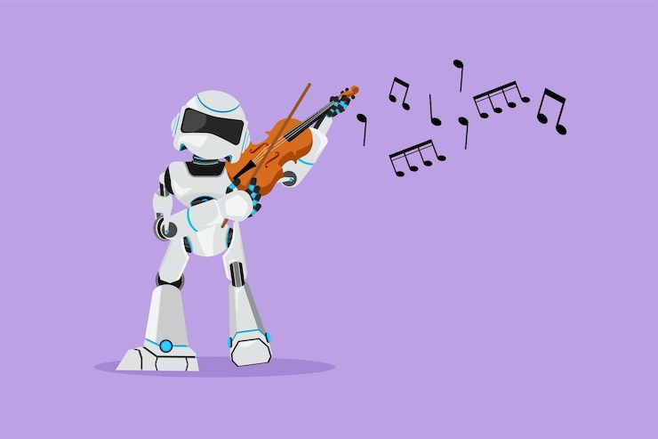 Vector dibujo de estilo de dibujos animados planos robot activo músico tocando el violín instrumento musical clásico robot humanoide organismo cibernético futuro desarrollo robótico ilustración de vector de carácter de diseño gráfico