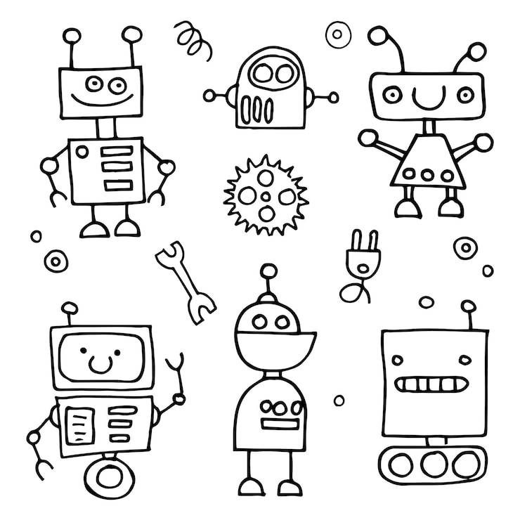 Vector dibujo en estilo garabato conjunto de lindos robots dibujo lineal para niños robots divertidos