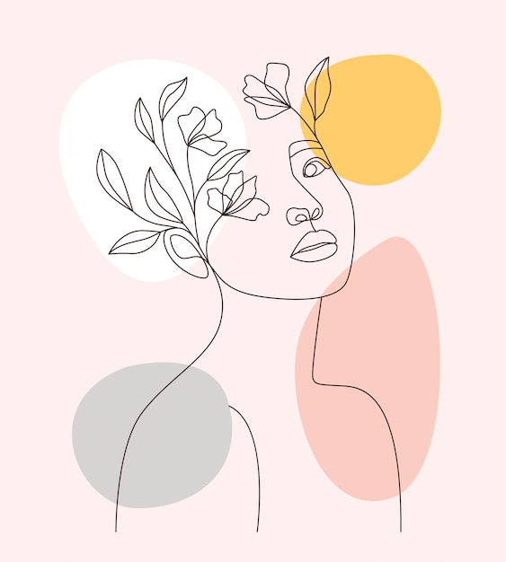 Dibujo de estilo de una línea de ilustración de flor y rostro de mujer estética