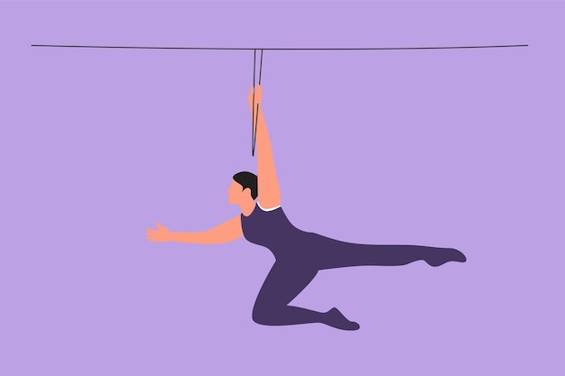 Dibujo de estilo plano de dibujos animados de acróbatas femeninas columpios en el trapecio con una mano colgando Se necesita coraje y práctica continua Espectáculo de circo entretenimiento de eventos Ilustración de vector de diseño gráfico