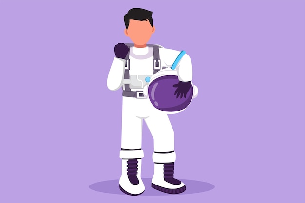 Dibujo de estilo plano de dibujos animados astronauta de pie con gesto de celebración usar traje espacial explorando la luna de la tierra otro planeta en el universo Expedición espacial de inicio de astronauta Ilustración de vector de diseño gráfico