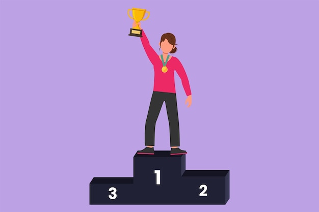Dibujo de estilo plano de dibujos animados atleta femenina feliz levantando trofeo de oro con una mano en el primer podio Mujer activa celebra la victoria de la competencia deportiva nacional Ilustración de vector de diseño gráfico