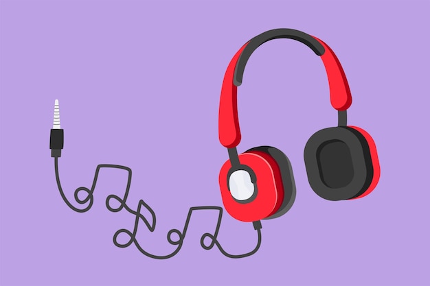 Dibujo de estilo plano de dibujos animados de auriculares estilizados con gadget de música y nota Esbozo de contorno de auriculares de audio con notas musicales Concepto de arte plano de símbolo musical Ilustración de vector de diseño gráfico