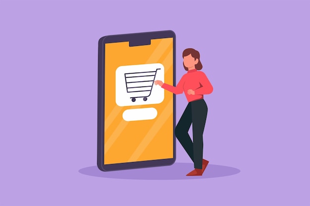Dibujo de estilo plano de dibujos animados carro de la compra fuera del teléfono inteligente Venta estilo de vida digital y concepto de consumismo Comercio electrónico marketing digital Tecnología de tienda en línea Diseño gráfico ilustración vectorial