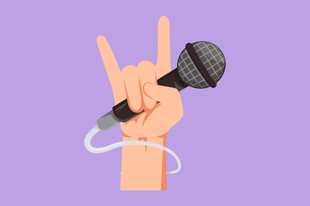 Dibujo de estilo plano de dibujos animados gesto de la mano de rock sosteniendo el micrófono con el icono del logotipo de subtítulos de rock en vivo Concierto en vivo de música rock and roll o cartel de fiesta o concepto de volante Ilustración de vector de diseño gráfico