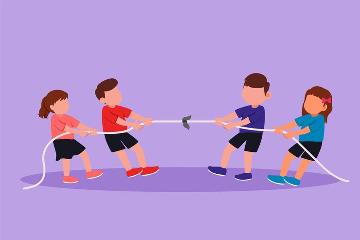 Vector dibujo de estilo plano de dibujos animados grupo de niños jugando tira y afloja en el patio de recreo niños felices jugando tira y afloja en el parque niñas y niños tiran de la cuerda juegos infantiles al aire libre diseño gráfico ilustración vectorial