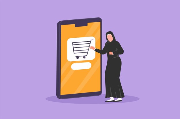 Dibujo de estilo plano de dibujos animados Hombre árabe que sale de la pantalla del portátil y empuja el carrito de la compra Venta estilo de vida digital consumismo marketing Concepto de tienda en línea Diseño gráfico ilustración vectorial