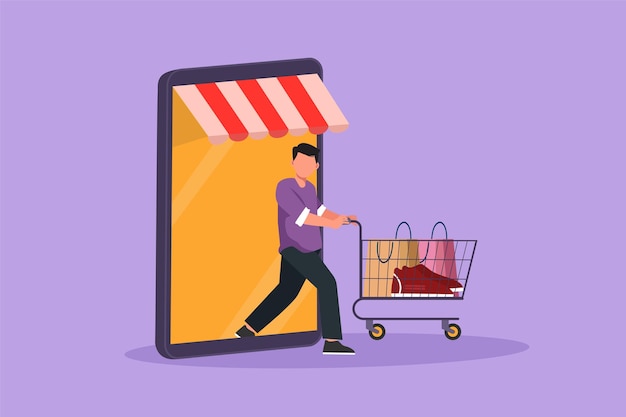 Dibujo de estilo plano de dibujos animados hombre atractivo que sale de la pantalla del teléfono inteligente con dosel empujando carrito de compras Venta estilo de vida digital consumismo Concepto de tienda en línea Ilustración de vector de diseño gráfico