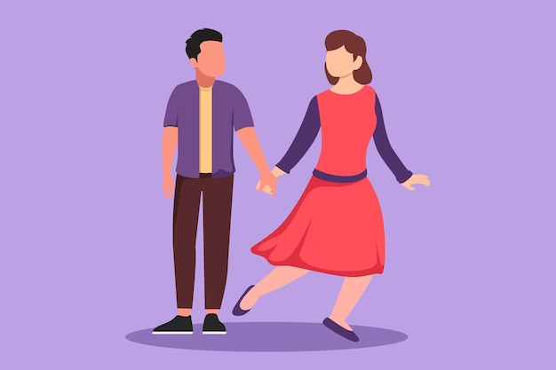 Dibujo de estilo plano de dibujos animados hombre feliz tiró de la mano de la mujer en el parque al aire libre Pareja romántica caminando en un paseo romántico de luna de miel vacaciones Linda pareja vacaciones de verano Diseño gráfico ilustración vectorial