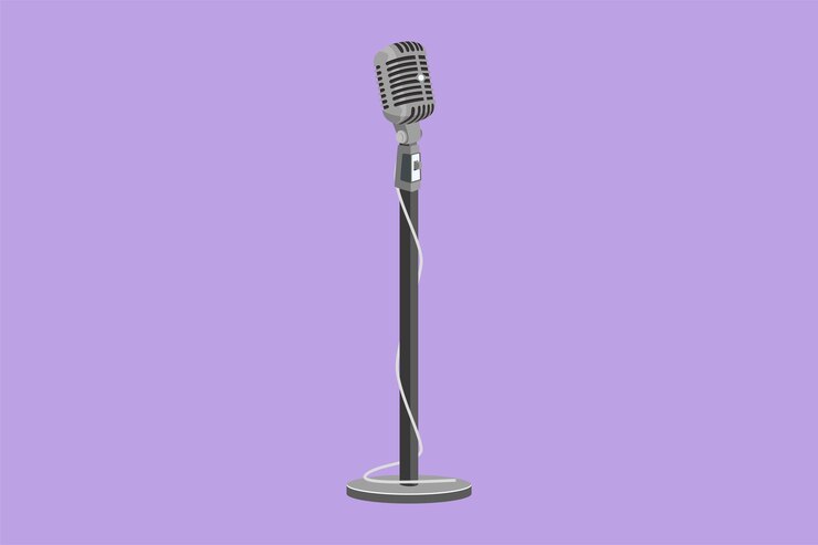 Vector dibujo de estilo plano de dibujos animados icono de logotipo de micrófono vintage aislado sobre fondo azul micrófono de soporte de tecnología antigua para cantante en el espectáculo musical clásico ilustración de vector de diseño gráfico