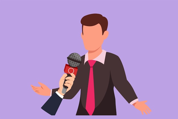 Dibujo de estilo plano de dibujos animados joven empresario dando una entrevista en presencia de periodistas con micrófonos Hombre da comentarios y opiniones para noticias de última hora Ilustración vectorial de diseño gráfico