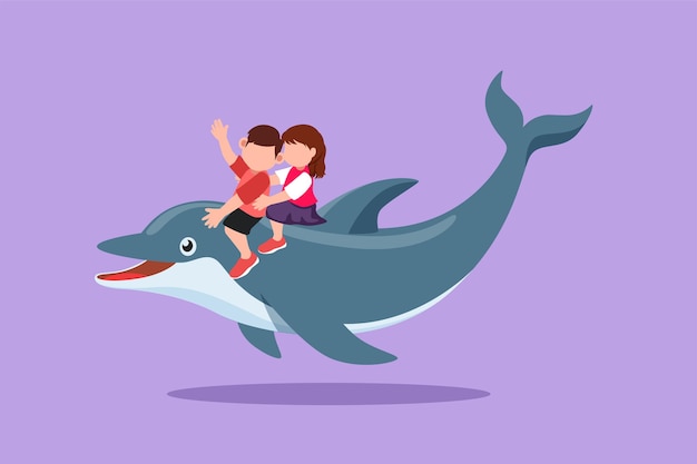 Dibujo de estilo plano de dibujos animados lindo niño y niña montando delfines juntos Niños sentados en delfines traseros en piscina Niños con delfines nadando en el agua Ilustración de vector de diseño gráfico