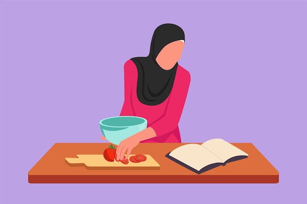 Dibujo de estilo plano de dibujos animados Mujer árabe cocinando comida mientras lee un libro tutorial sobre una acogedora mesa de cocina en casa Esposa feliz preparando comida saludable para el desayuno familiar Ilustración vectorial de diseño gráfico