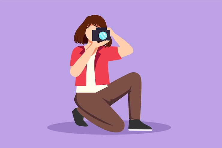 Vector dibujo de estilo plano de dibujos animados mujer feliz fotógrafa está tomando fotos usando cámara dslr personaje femenino bonito de pie en toda su longitud y disparando fotografía de estudio ilustración vectorial de diseño gráfico