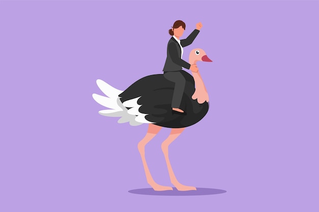 Dibujo de estilo plano de dibujos animados de mujer de negocios montando avestruz símbolo de éxito Metáfora de negocios buscando un liderazgo de logro de objetivos Emprendedor profesional Ilustración de vector de diseño gráfico