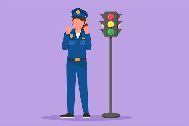 Dibujo de estilo plano de dibujos animados de mujer policía feliz de pie cerca del semáforo en uniforme completo con gesto de celebración y trabajando para controlar el tráfico de vehículos en la carretera Ilustración de vector de diseño gráfico