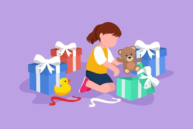 Dibujo de estilo plano de dibujos animados niña emocionada abriendo caja de regalo envuelta decorada con lazo de cinta Niña feliz y linda niña recibe regalo de oso de peluche de cumpleaños Ilustración de vector de diseño gráfico