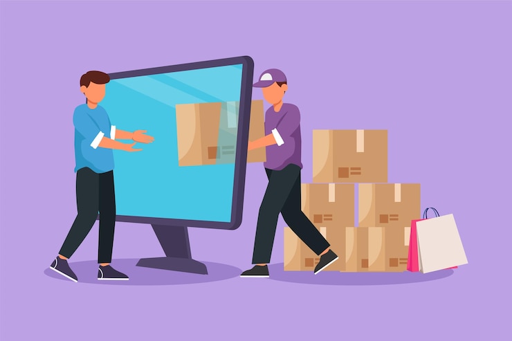 Vector dibujo de estilo plano de dibujos animados del paquete de caja de entrega de mensajero masculino y a través de la pantalla del monitor de la computadora al cliente masculino servicio de entrega en línea metáfora de la tienda en línea ilustración de vector de diseño gráfico