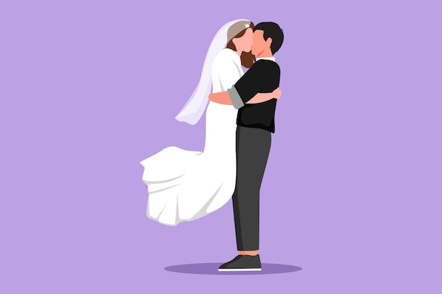 Dibujo de estilo plano de dibujos animados de pareja casada romántica enamorada besándose y abrazándose con vestido de novia Hombre que lleva a una mujer hermosa saltando en celebración de boda Ilustración de vector de diseño gráfico