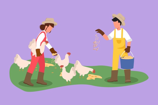 Dibujo de estilo plano de dibujos animados pareja de granjeros sosteniendo un cubo de semillas y alimentando pollos y gallinas Agricultura rural Escena rural con trabajadores agrícolas aves de corral Diseño gráfico ilustración vectorial