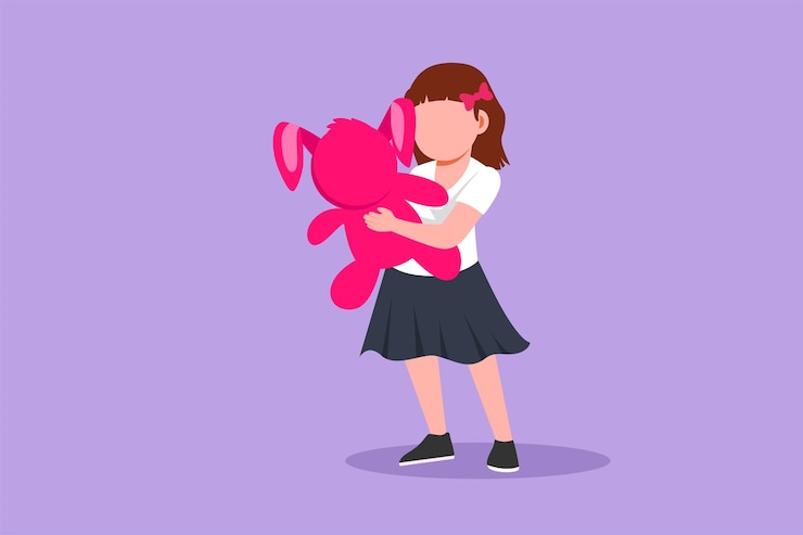 Vector dibujo de estilo plano de dibujos animados retrato de una hermosa niña abrazando un osito de peluche en casa escena infantil de niños con su juguete niña jugando con un osito de peluche diseño gráfico ilustración vectorial
