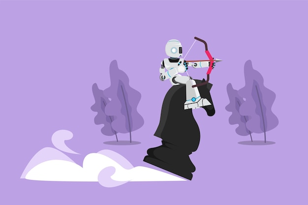 Dibujo de estilo plano de dibujos animados de robot sosteniendo tiro con arco apuntando al objetivo mientras monta pieza de caballero de ajedrez Competición de victoria estratégica Inteligencia artificial robótica moderna Ilustración de vector de diseño gráfico