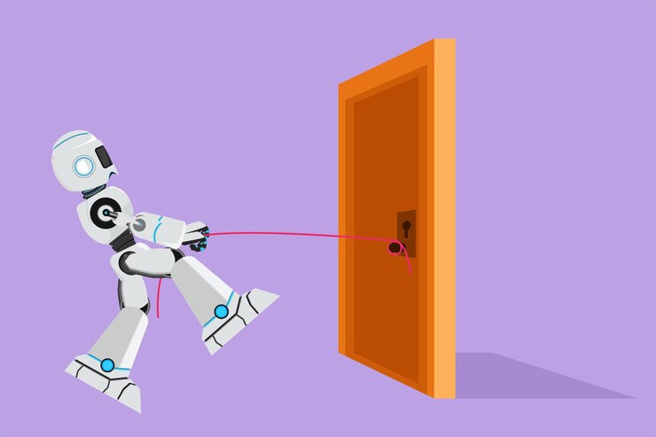 Vector dibujo de estilo plano de dibujos animados de robot tirando de la puerta con metáfora de cuerda para enfrentar un gran problema inteligencia artificial robótica moderna industria de tecnología electrónica diseño gráfico ilustración vectorial