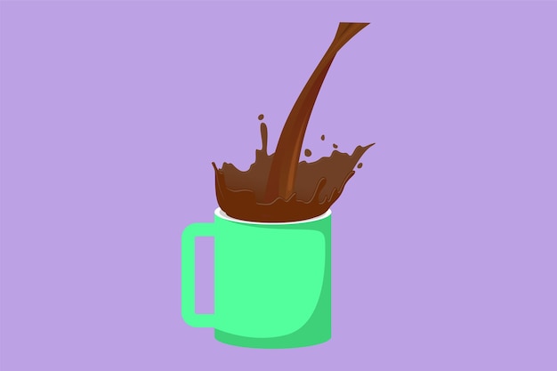 Vector dibujo de estilo plano de dibujos animados vertiendo un vaso de café negro en una taza de vidrio vertiendo té caliente o café en una tassa símbolo del icono del logotipo bebida refrescante en las vacaciones de invierno ilustración vectorial de diseño gráfico