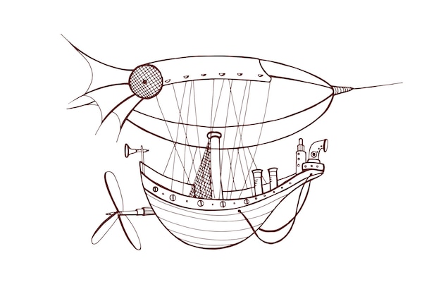 Dibujo de estilo steampunk fantasía dirigible y barco ficción vintage diseño de vehículos de dirigibles y barcos transporte industrial retro futurista Ilustración vectorial dibujada aislada sobre fondo blanco