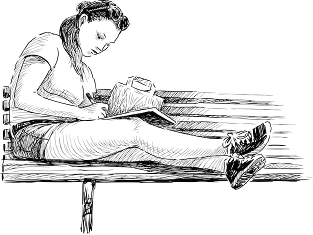 Dibujo de una estudiante sentada en un banco del parque y escribiendo
