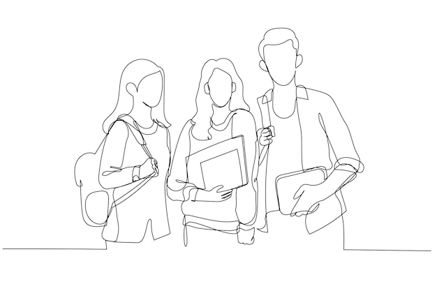 Dibujo de estudiantes de grupo con libros y mochilas mirando a la cámara caminando en el campus universitario Estilo de arte de línea continua única