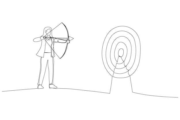 Vector dibujo de una exitosa mujer de negocios apuntando al blanco con arco y flecha estilo de arte de una sola línea