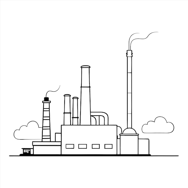 un dibujo de una fábrica con humo saliendo de ella