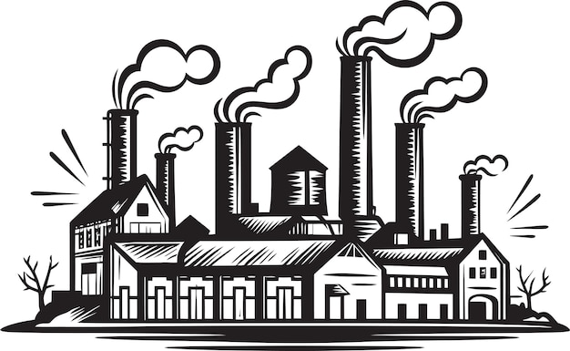 un dibujo de una fábrica con humo saliendo de ella