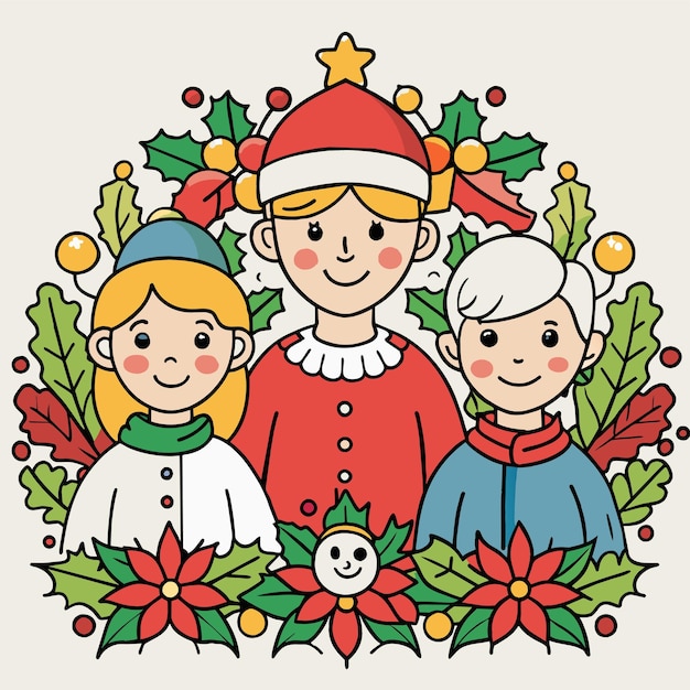 Vector un dibujo de una familia con una corona de navidad y un niño con un sombrero de santa