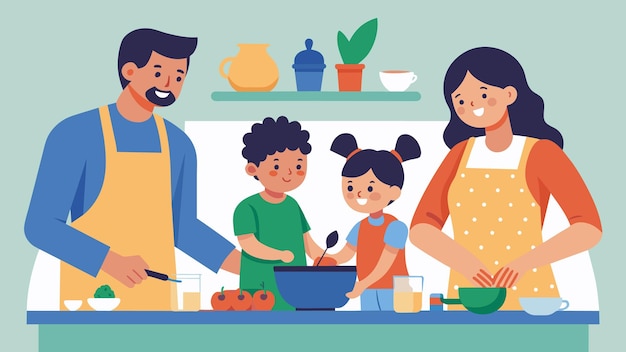 Vector un dibujo de una familia trabajando juntos en la cocina utilizando la cocina y el horneado como una teutica