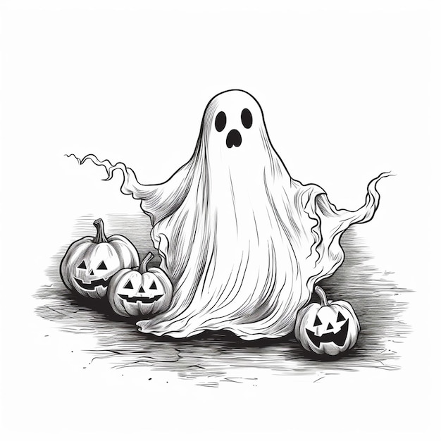 Vector un dibujo de un fantasma con calabazas en él