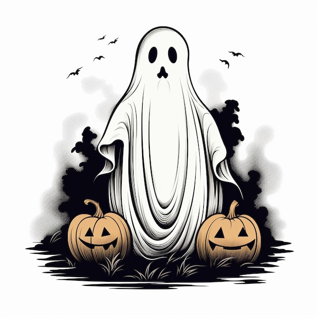 Vector un dibujo de un fantasma con calabazas en él