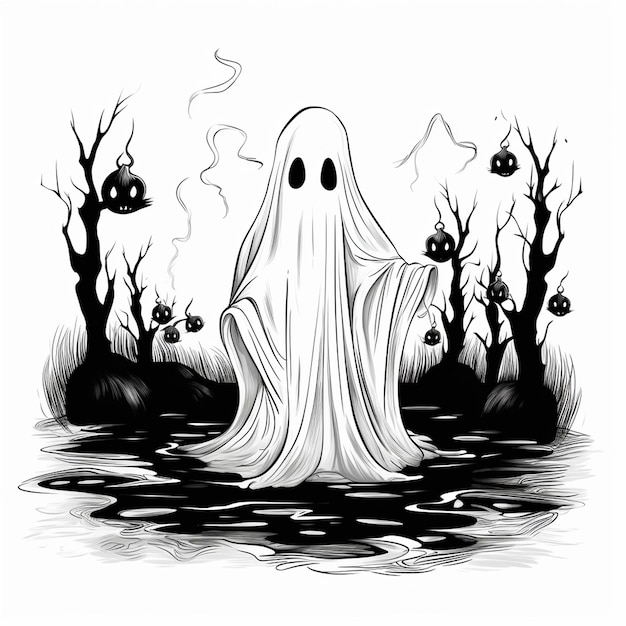 un dibujo de un fantasma con una cara espeluznante en la oscuridad