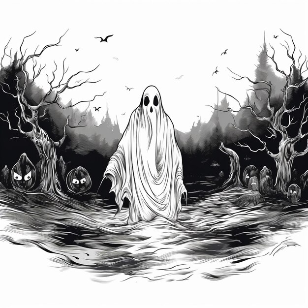 Vector un dibujo de un fantasma con un fantasma en el fondo