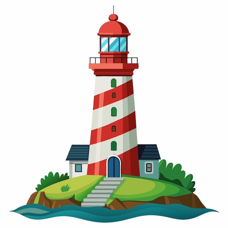 Vector un dibujo de un faro con una imagen de un pez nadando en el agua