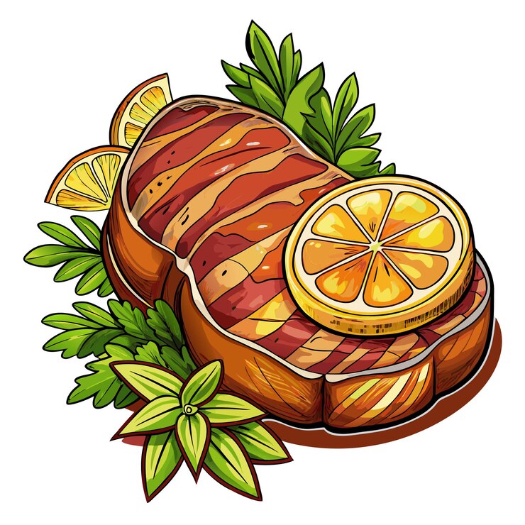 Vector un dibujo de un filete en un plato con un cuchillo y bebidas