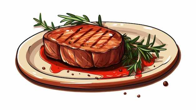 Vector un dibujo de un filete en un plato con un cuchillo y salsa